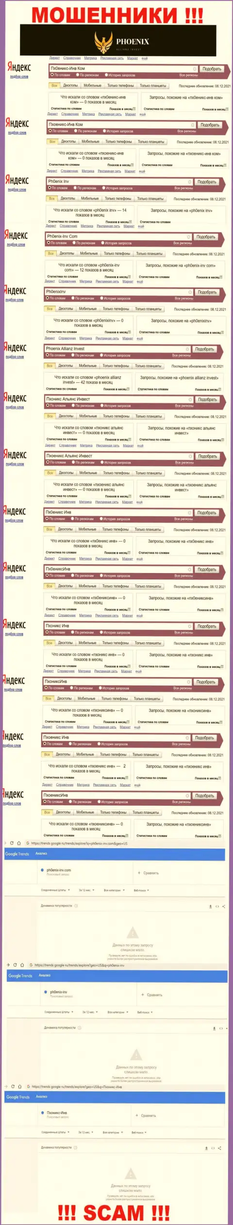 Скриншот статистических сведений online-запросов по противоправно действующей организации Ph0enix-Inv Com