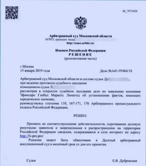 Решение арбитражного суда Московской области по иску кидал ФхПро в отношении ресурса FxPro Pro