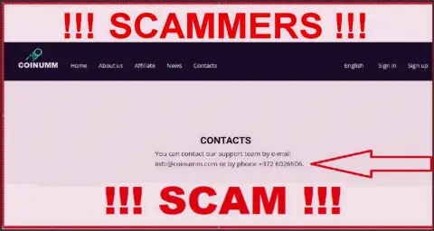 Coinumm OÜ phone number is listed on the scammers site
