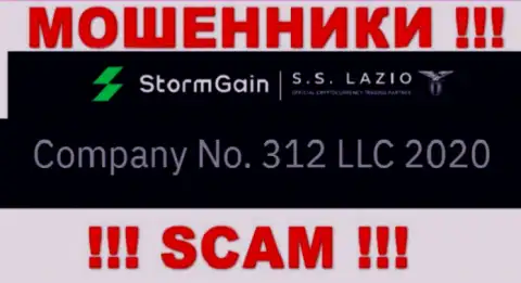 Регистрационный номер StormGain Com, который взят с их официального сайта - 312 LLC 2020