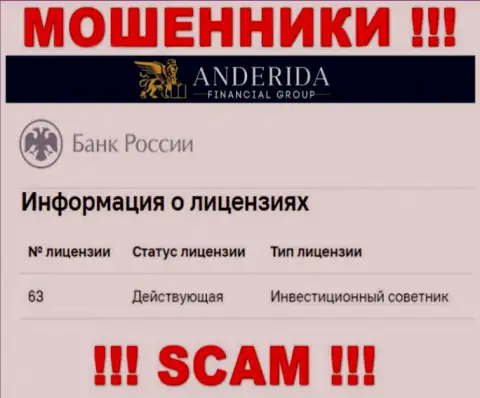 AnderidaGroup утверждают, что имеют лицензию на осуществление деятельности от ЦБ Российской Федерации (информация с сайта разводил)