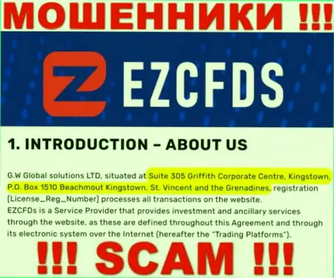 На информационном ресурсе EZCFDS Com представлен офшорный официальный адрес компании - Suite 305 Griffith Corporate Centre, Kingstown, P.O. Box 1510 Beachmout Kingstown, St. Vincent and the Grenadines, будьте очень осторожны - это ворюги