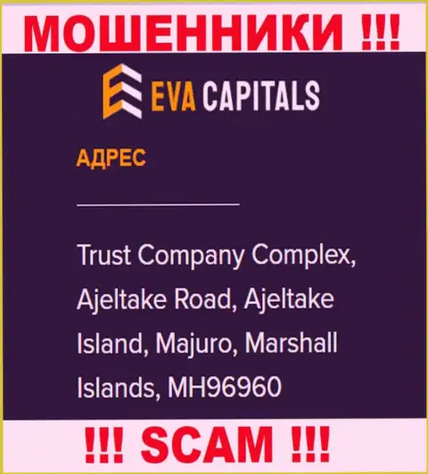 На сайте Eva Capitals показан офшорный юридический адрес организации - Trust Company Complex, Ajeltake Road, Ajeltake Island, Majuro, Marshall Islands, MH96960, будьте очень осторожны - это мошенники