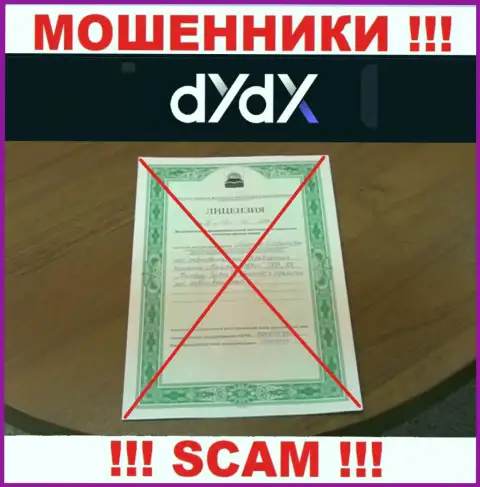 У компании dYdX не предоставлены сведения об их номере лицензии - ушлые internet-мошенники !!!