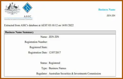 Регистрация дилинговой организации Зиннейра Ком регулятором Австралии