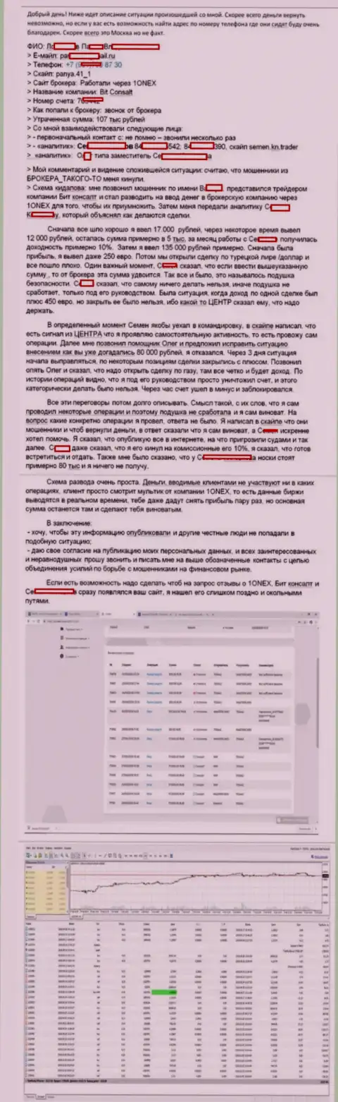 Детальная схема лохотрона forex трейдера мошенниками из 1Оnex Сom на денежную сумму в размере 107 000 российских рублей